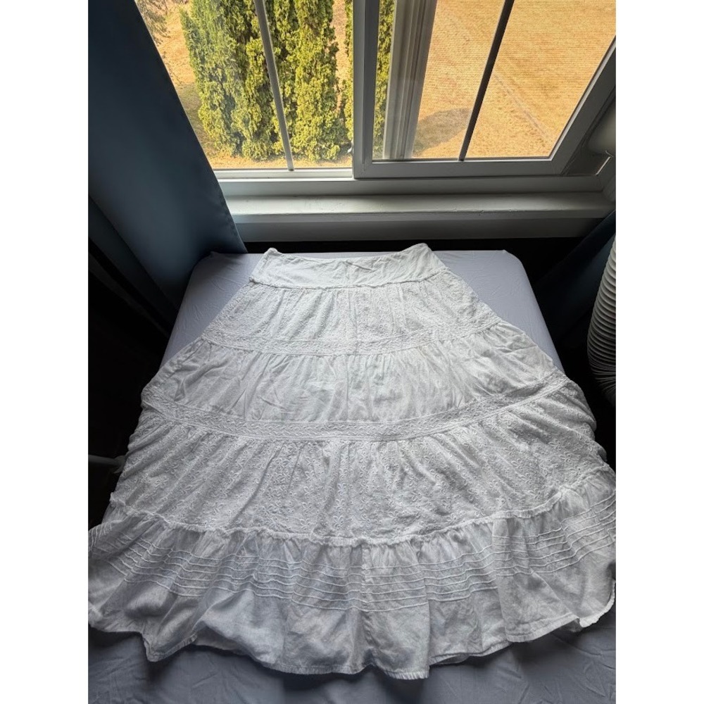 Perfect Boho Hippie White Cotton Tiered Maxi Skirt - L